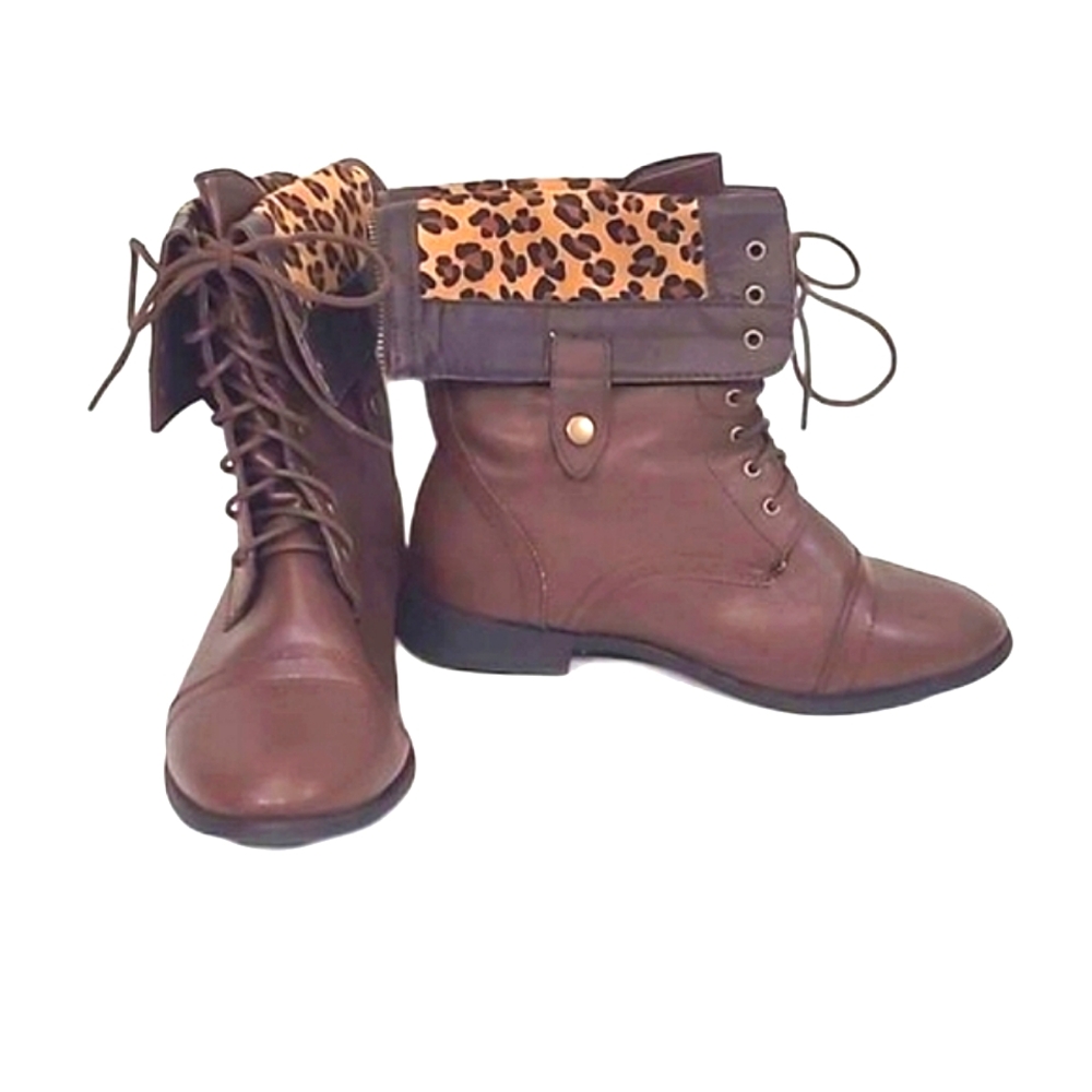 Torrid Cuff Ankle Booties Fold Over Leopard Print Boot Military Square Heel Lace